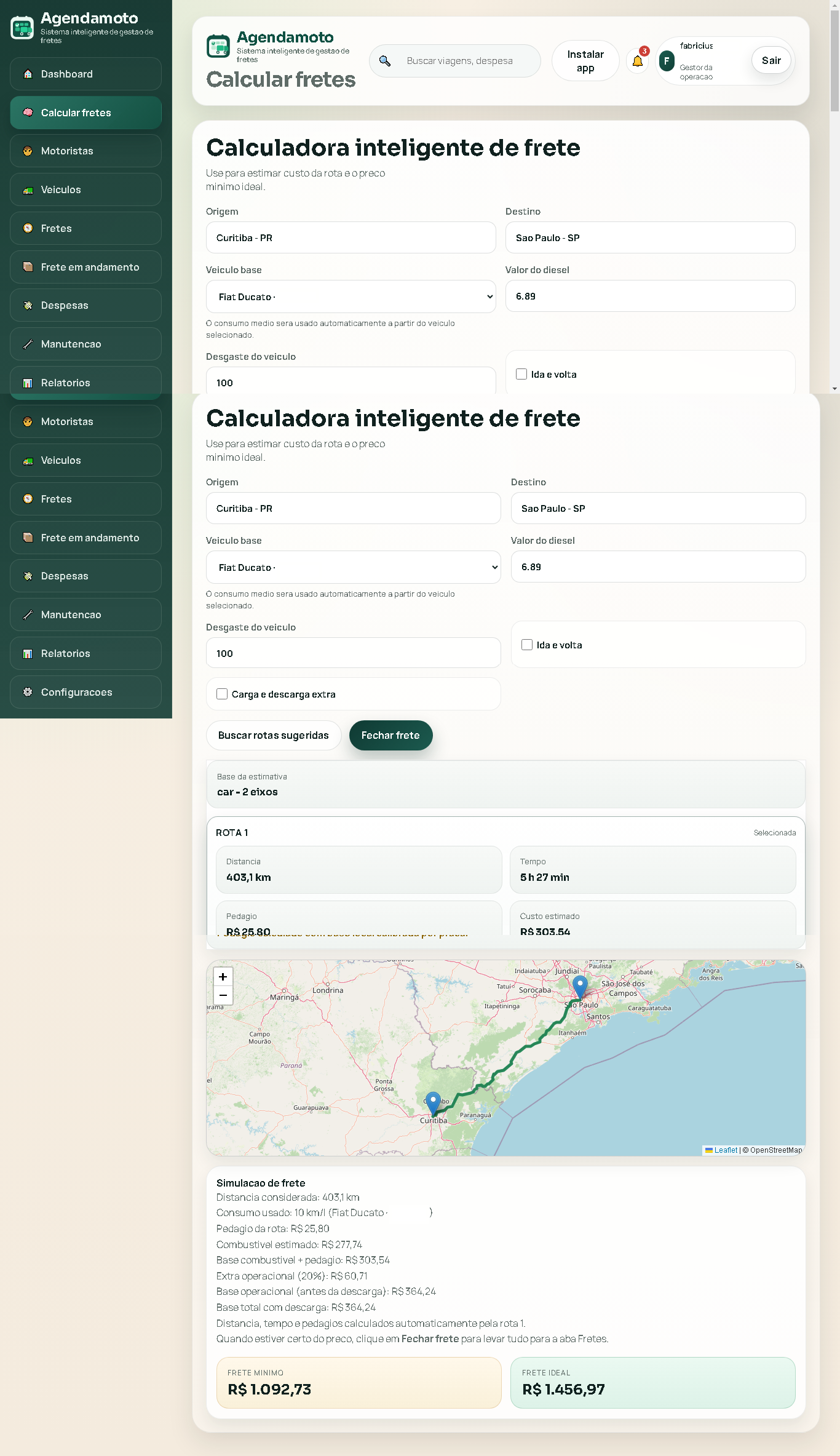 Preview da calculadora inteligente de frete